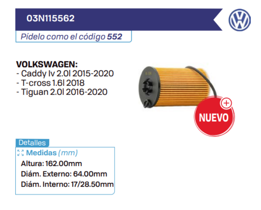 03N115562 Filtros de aceite VOLKSWAGEN