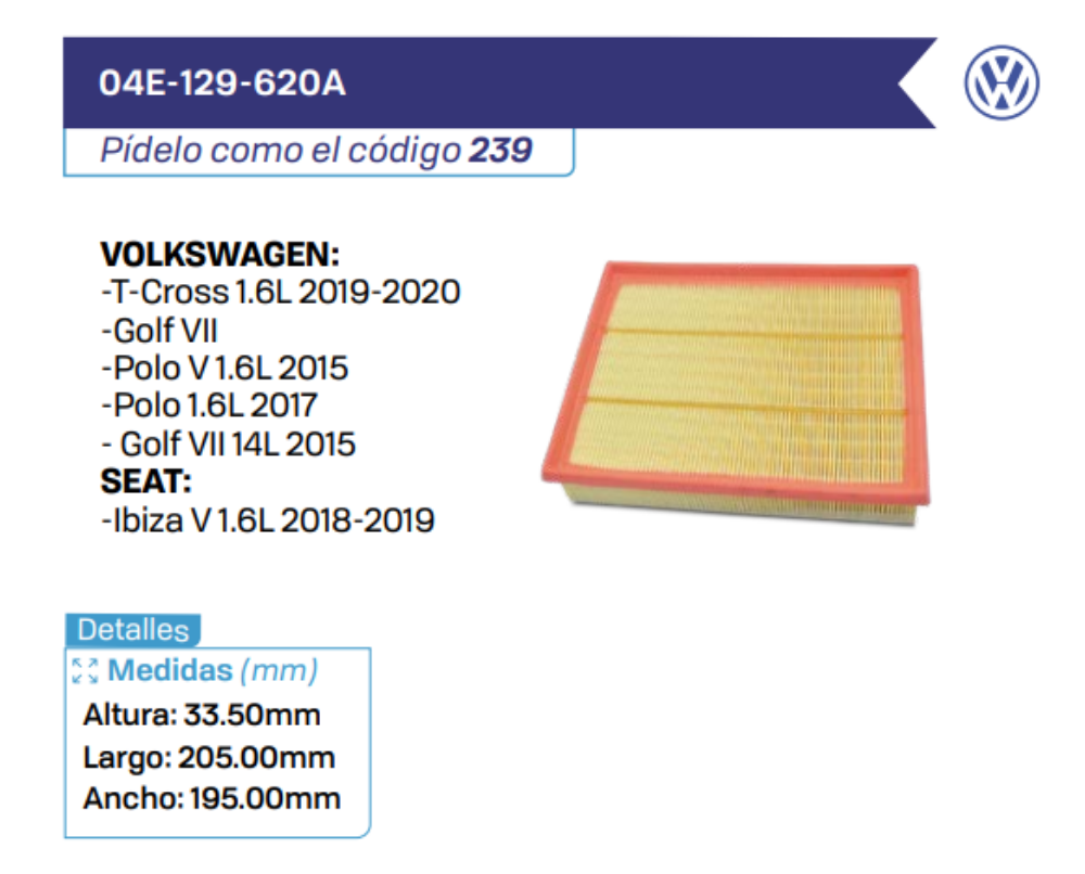 04E-129-620A Filtros de Aire VOLKSWAGEN - SEAT