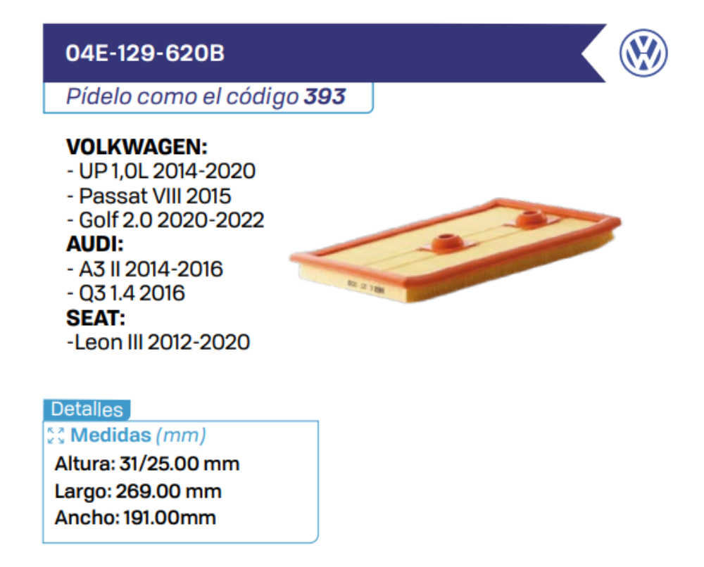 04E-129-620B Filtros de Aire VOLKSWAGEN - AUDI - SEAT
