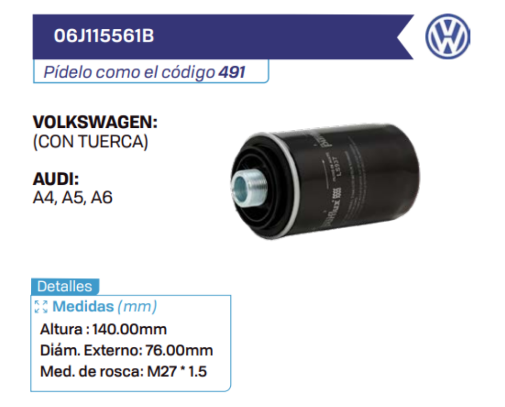 06J115561B Filtros de aceite VOLKSWAGEN - AUDI
