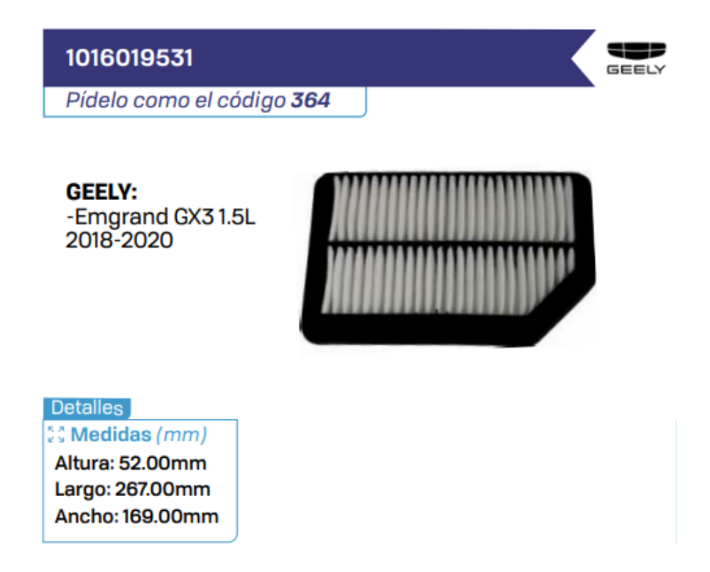 1016019531 Filtros de aire GEELY