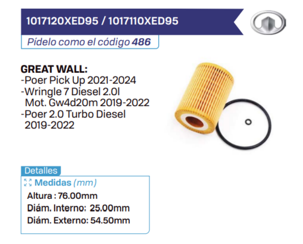 1017120XED95 _ 1017110XED95 Filtros de aceite GREAT WALL
