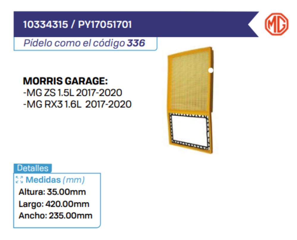 10334315 _ PY17051701 Filtros de aire MORRIS GARAGE