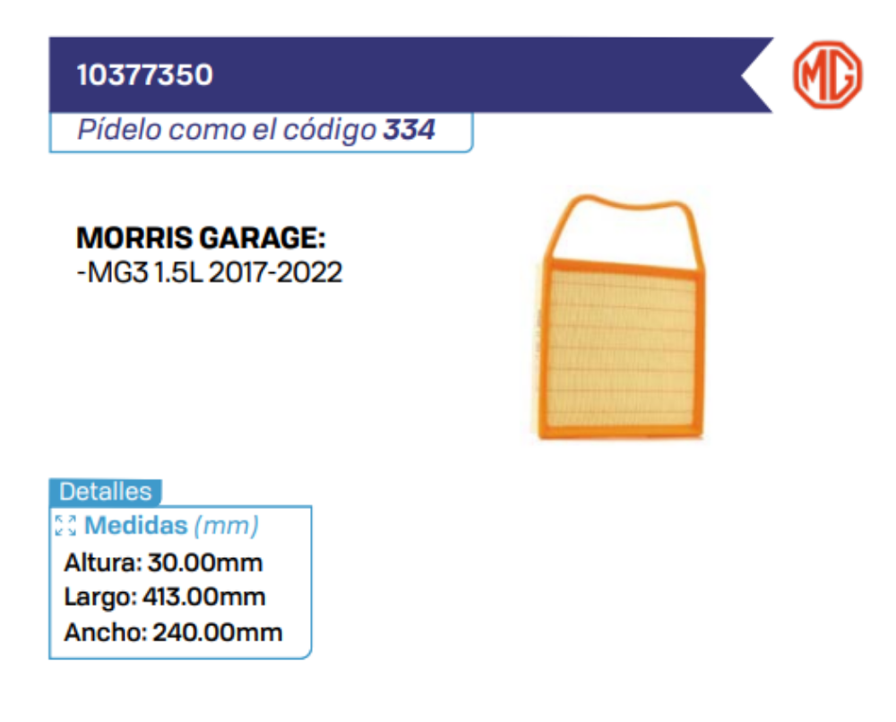 10377350 Filtros de aire MORRIS GARAGE