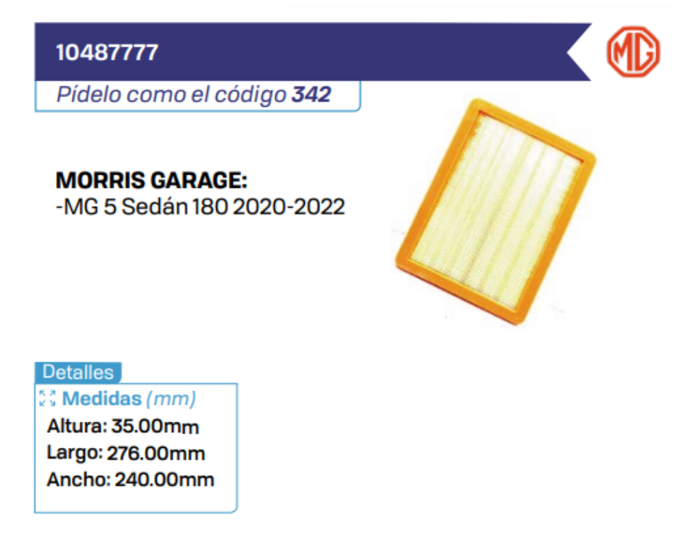 10487777 Filtros de aire MORRIS GARAGE