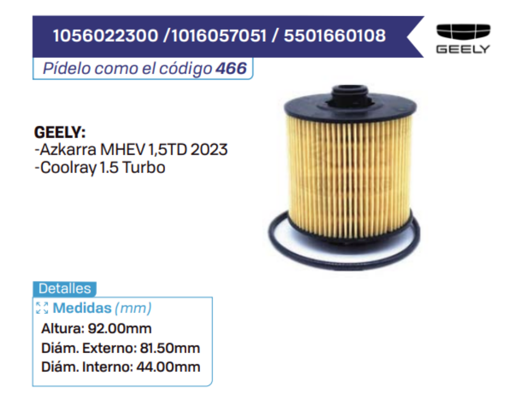 1056022300 _1016057051 _ 5501660108 Filtros de aceite GEELY