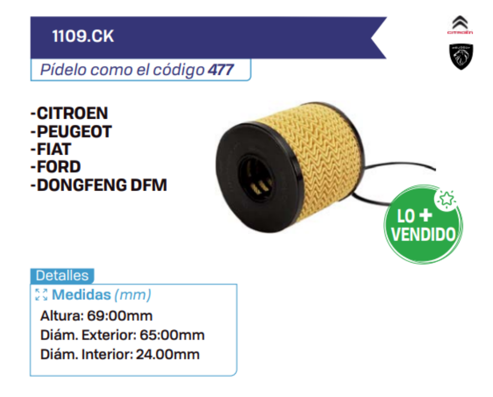 1109.CK Filtros de aceite CITROEN - PEUGEOT - FIAT - FORD - DONGFENG DFM