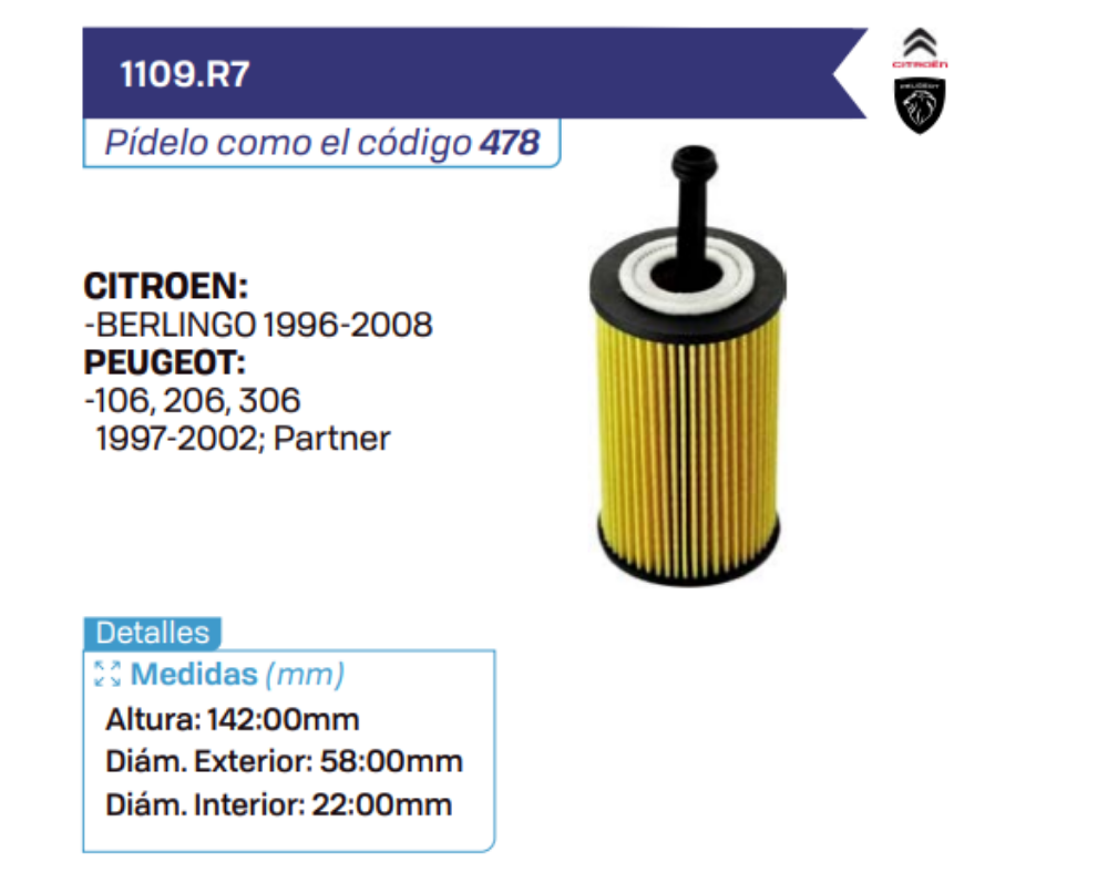 1109.R7 Filtros de aceite CITROEN - PEUGEOT