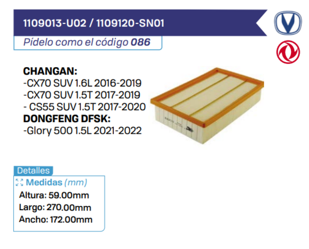 1109013-U02 _ 1109120-SN01 Filtros de aire CHANGAN - DONGFENG DFSK