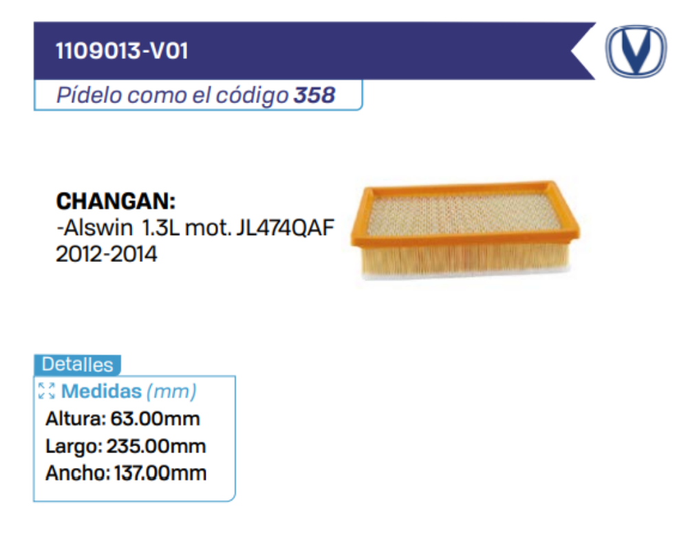 1109013-V01 Filtros de aire CHANGAN