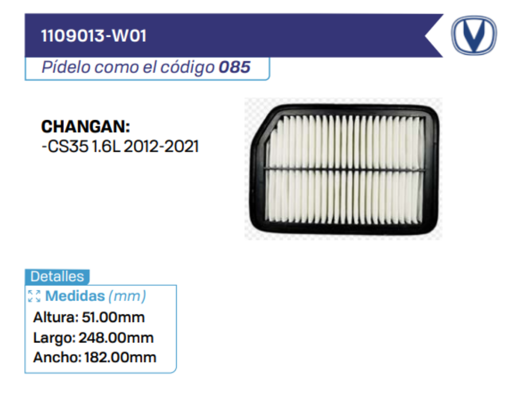 1109013-W01 Filtros de aire CHANGAN