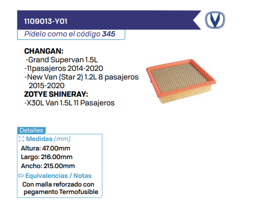 1109013-Y01 Filtros de aire CHANGAN - ZOTYE SHINERAY