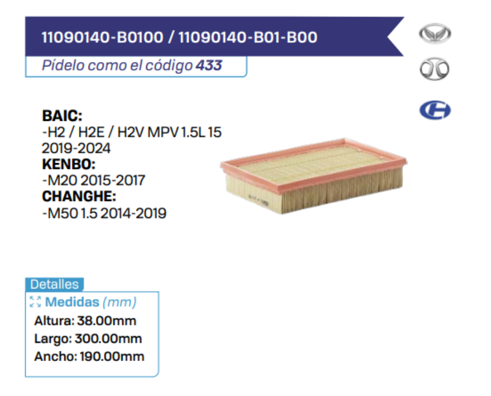 11090140-B0100 _ 11090140-B01-B00 Filtros de aire BAIC - KENBO - CHANGHE