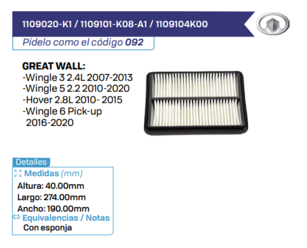 1109020-K1 _ 1109101-K08-A1 _ 1109104K00 Filtros de aire GREAT WALL