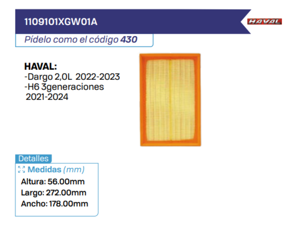 1109101XGW01A Filtros de aire HAVAL