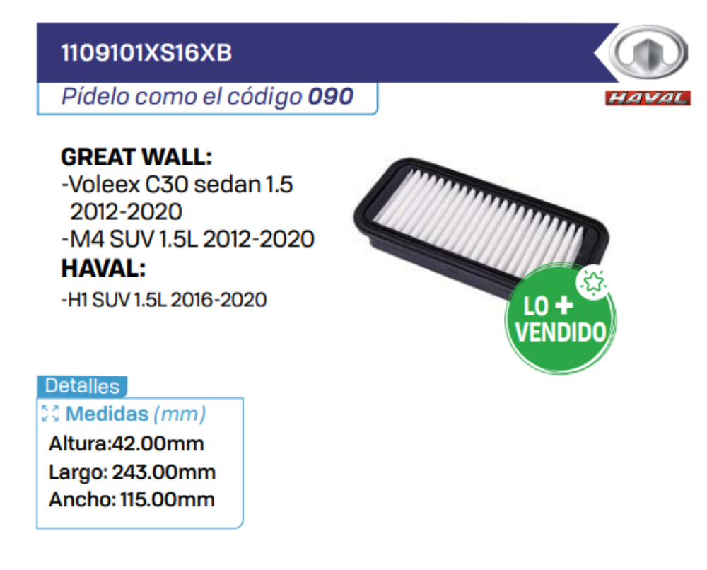1109101XS16XB Filtros de aire GREAT WALL - HAVAL