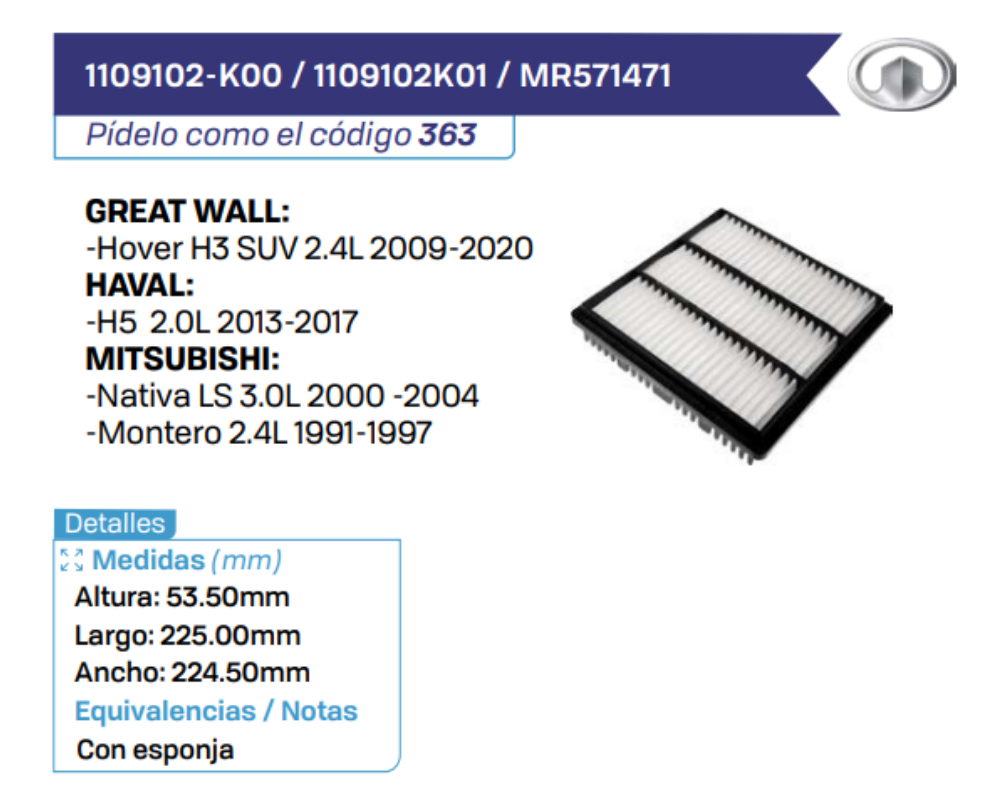 1109102-K00 _ 1109102K01 _ MR571471 Filtros de aire GREAT WALL - HAVAL - MITSUBISHI