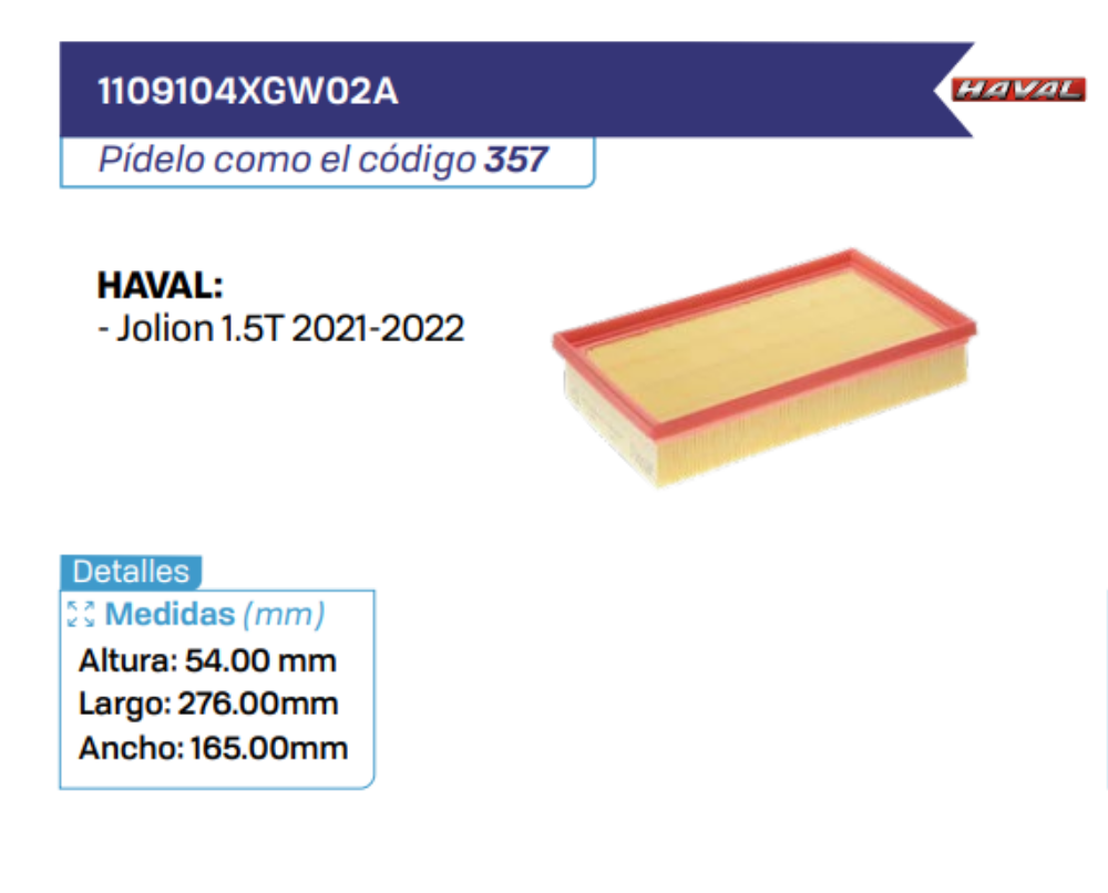 1109104XGW02A Filtros de aire HAVAL