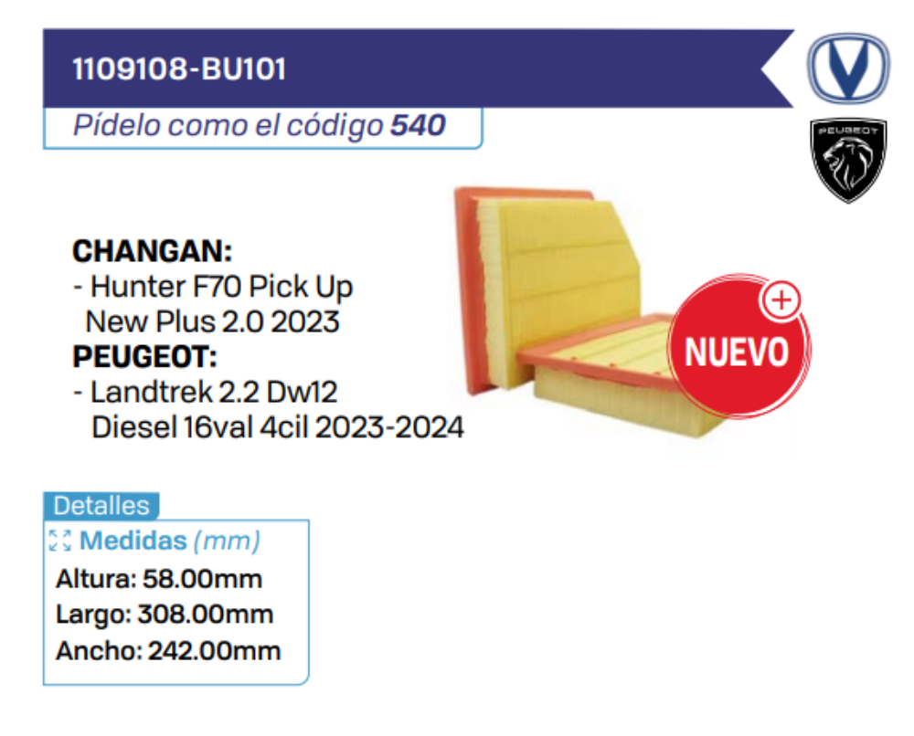 1109108-BU101 Filtros de aire CHANGAN - PEUGEOT