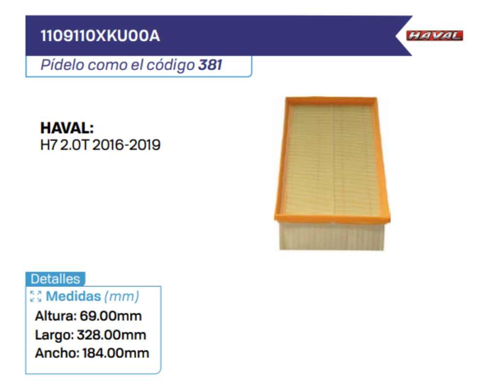 1109110XKU00A Filtros de aire HAVAL