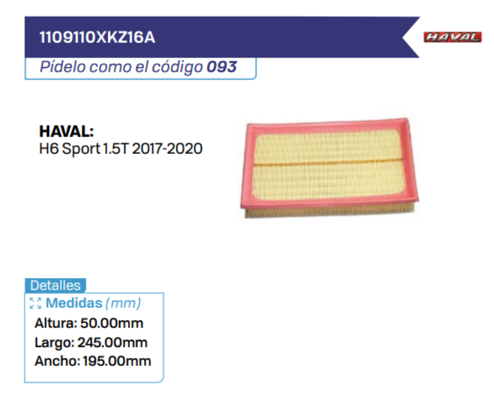 1109110XKZ16A Filtros de aire HAVAL