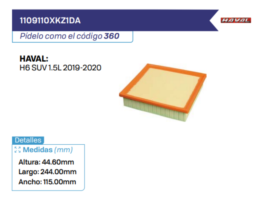1109110XKZ1DA Filtros de aire HAVAL