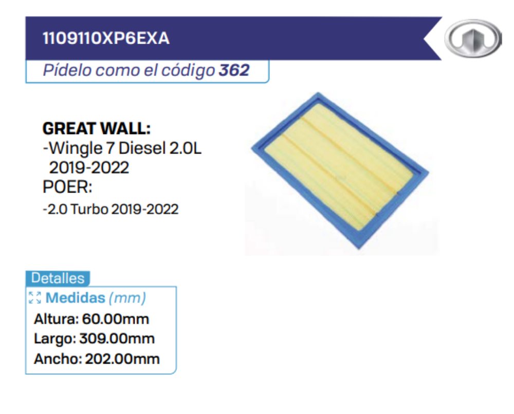 1109110XP6EXA Filtros de aire GREAT WALL