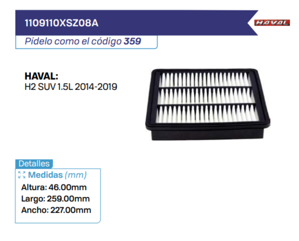 1109110XSZ08A Filtros de aire HAVAL