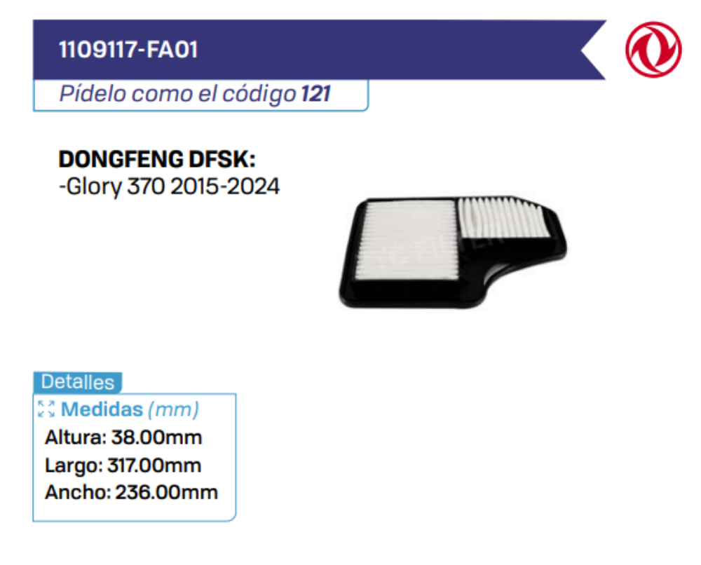 1109117-FA01 Filtros de Aire DONGFENG DFSK