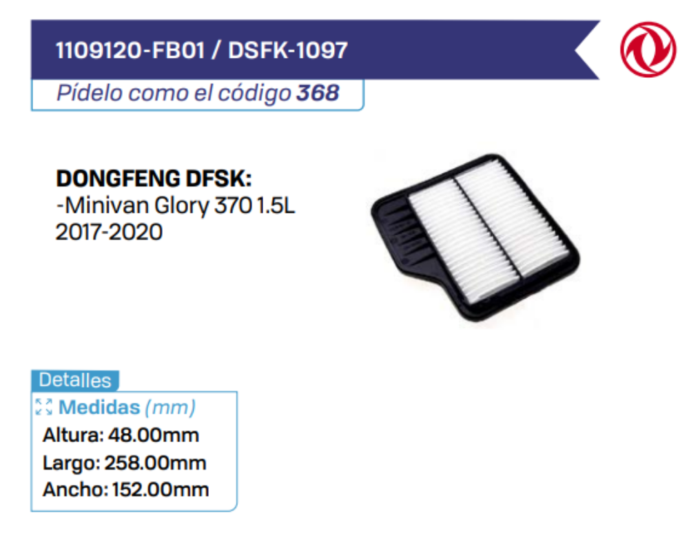 1109120-FB01 _ DSFK-1097 Filtros de Aire DONGFENG DFSK