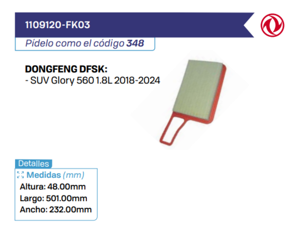 1109120-FK03 Filtros de Aire DONGFENG DFSK