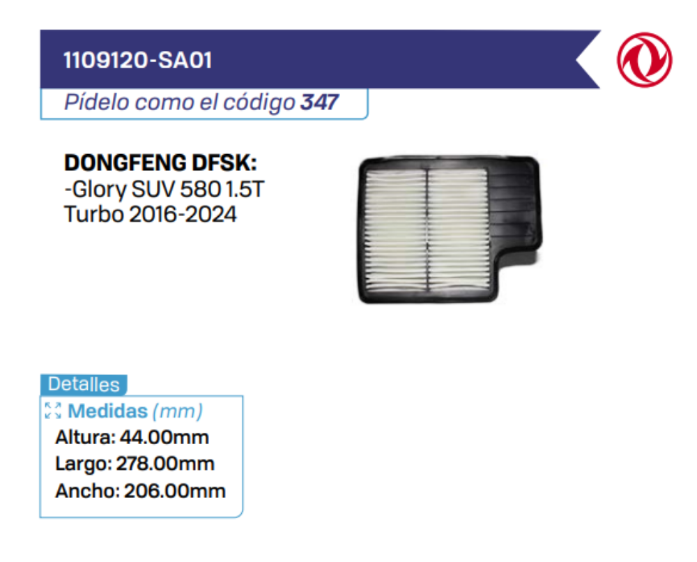 1109120-SA01 Filtros de Aire DONGFENG DFSK