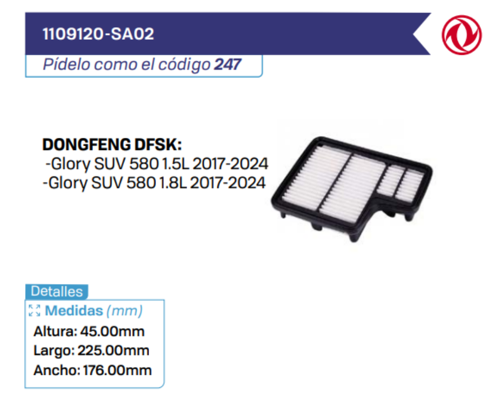 1109120-SA02 Filtros de Aire DONGFENG DFSK