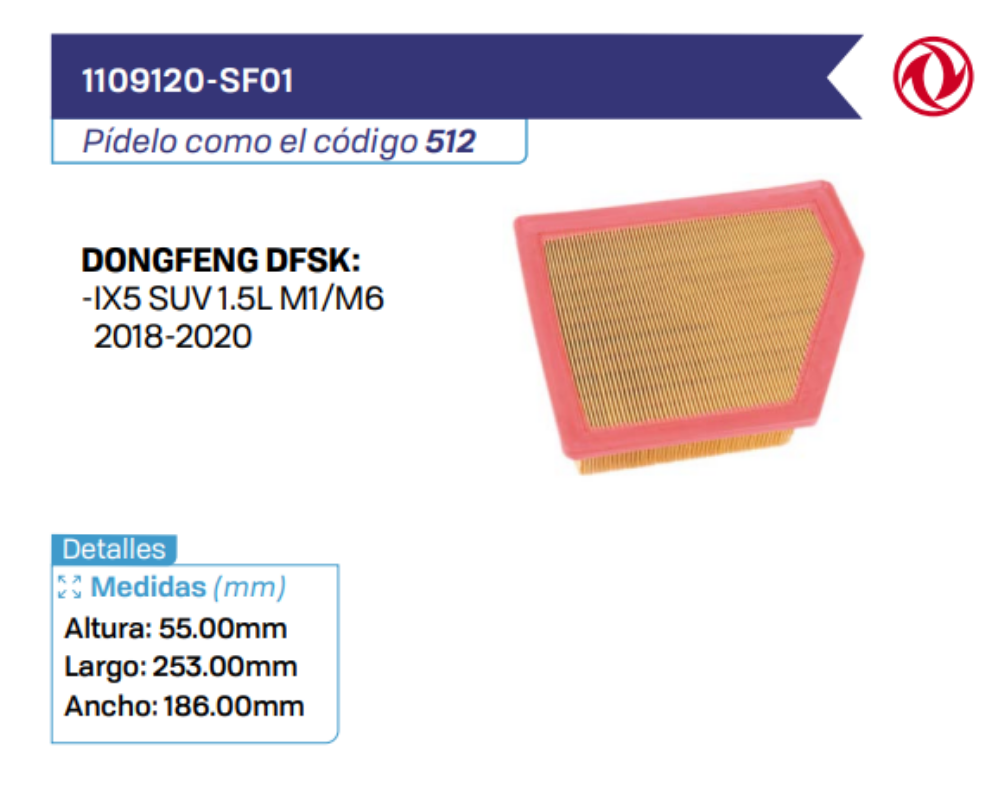 1109120-SF01 Filtros de Aire DONGFENG DFSK
