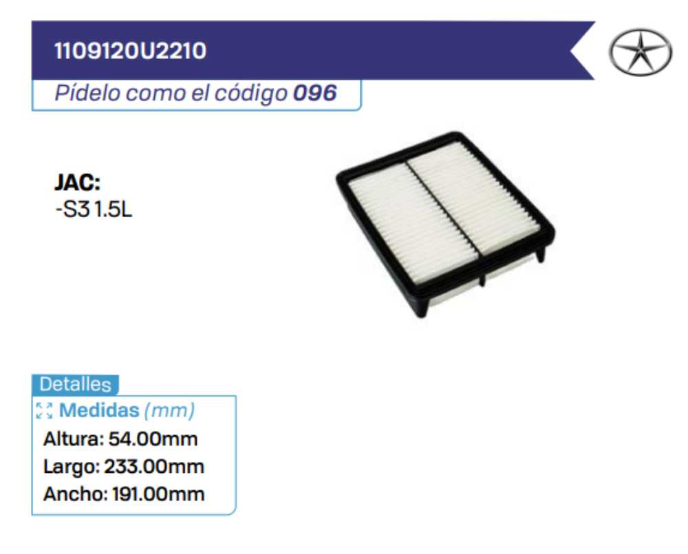 1109120U2210 Filtros de aire JAC