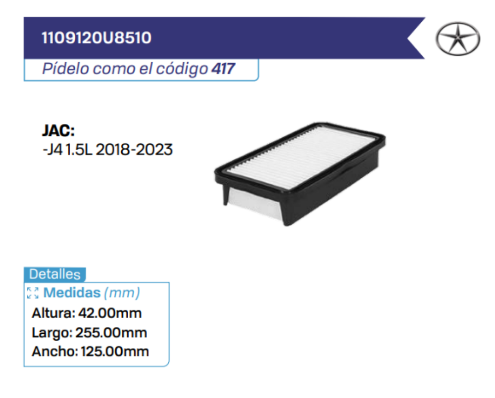 1109120U8510 Filtros de aire JAC