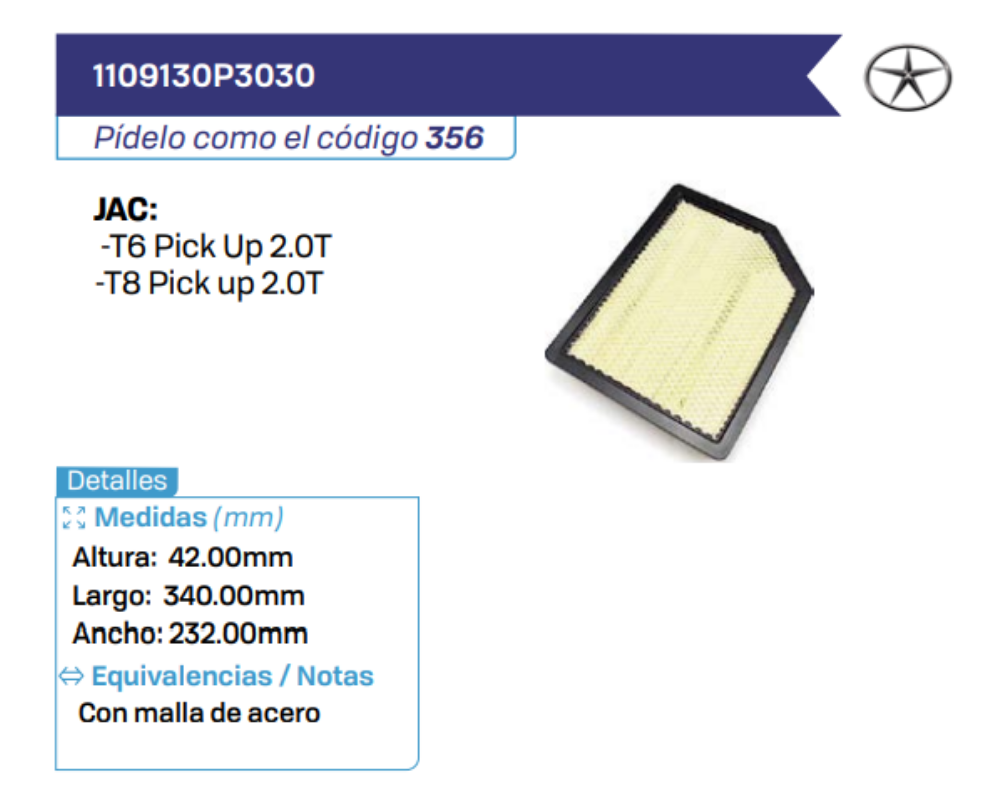 1109130P3030 Filtros de aire JAC
