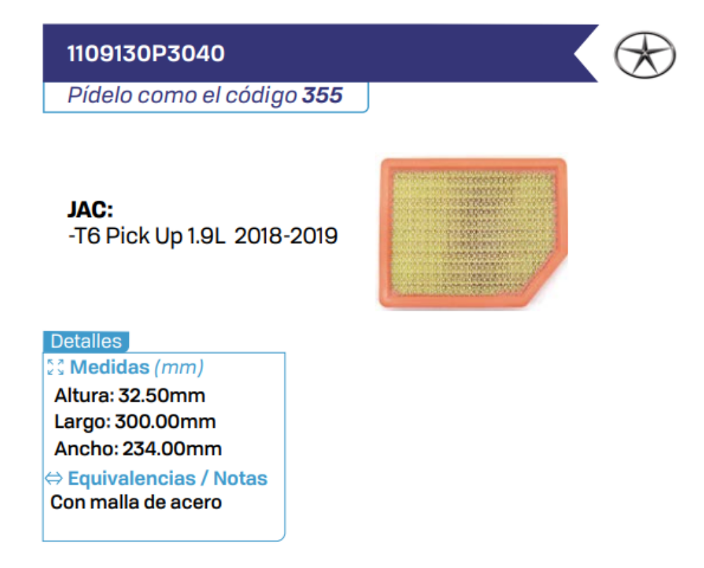 1109130P3040 Filtros de aire JAC