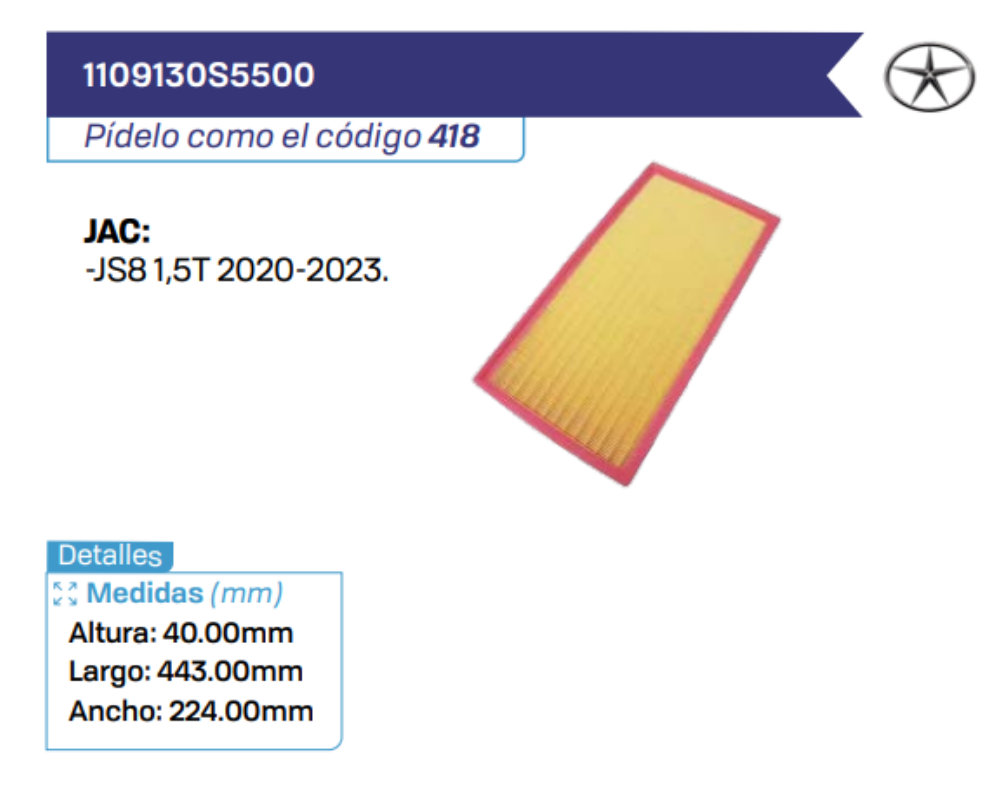 1109130S5500 Filtros de aire JAC