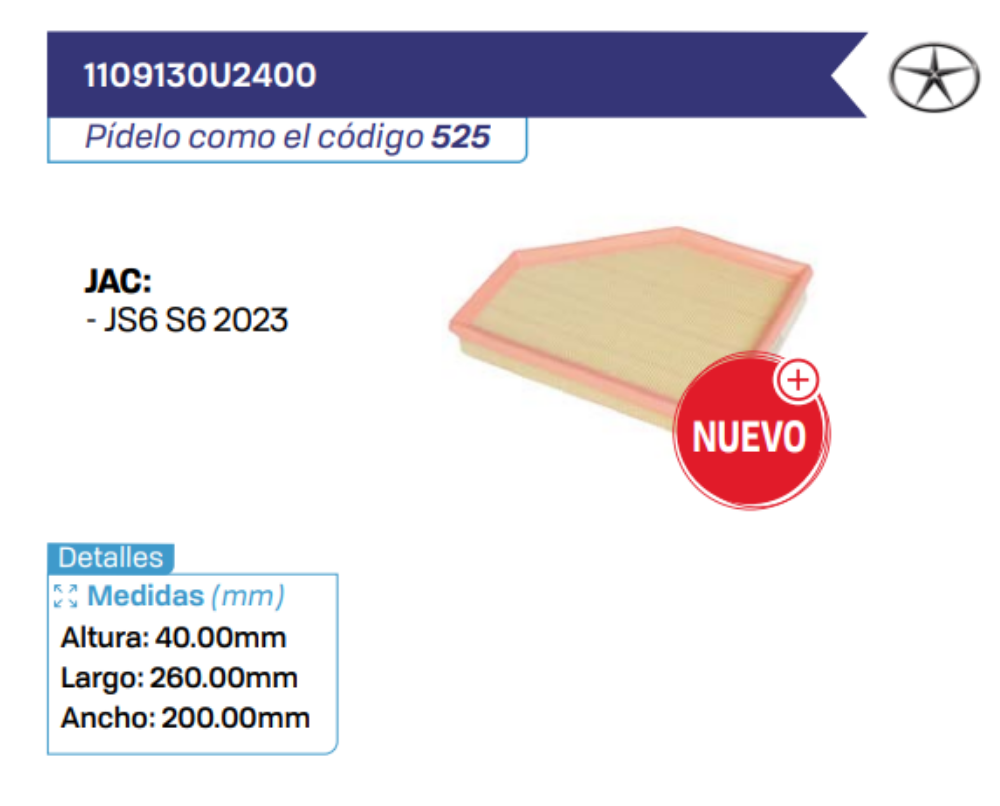 1109130U2400 Filtros de aire JAC