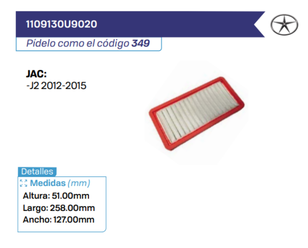1109130U9020 Filtros de aire JAC