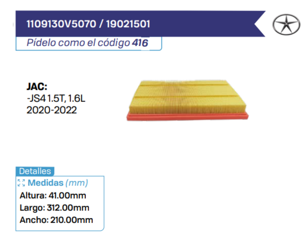 1109130V5070 _ 19021501 Filtros de aire JAC
