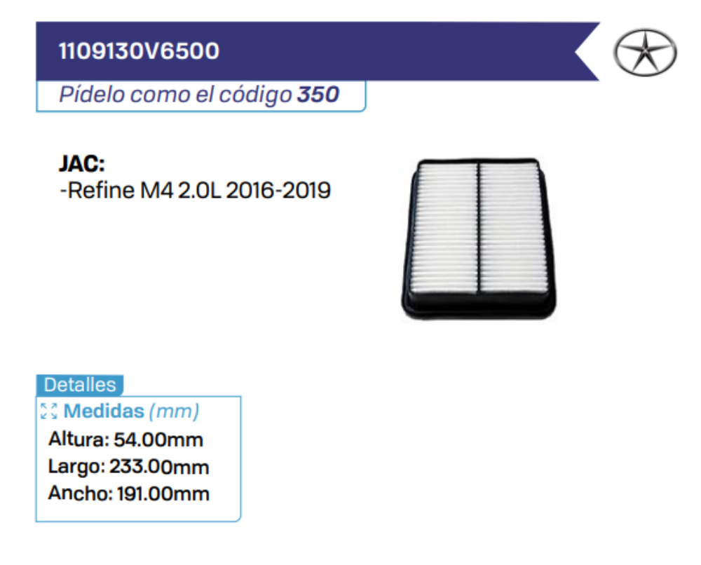 1109130V6500 Filtros de aire JAC