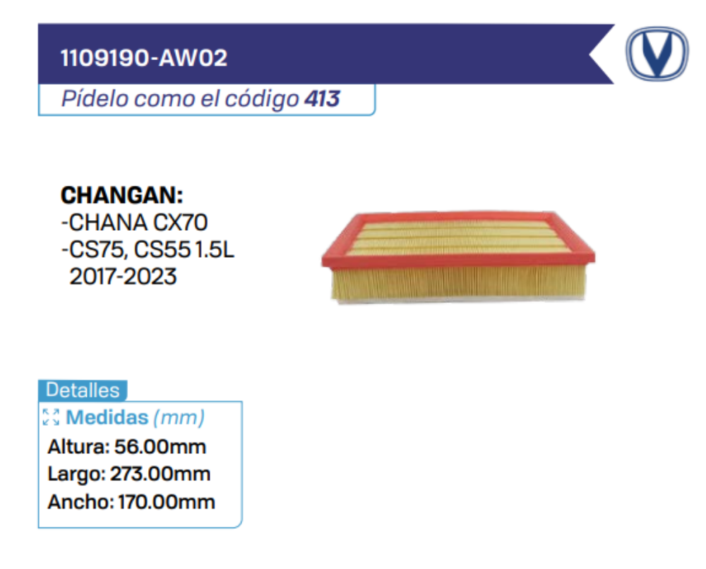 1109190-AW02 Filtros de aire CHANGAN