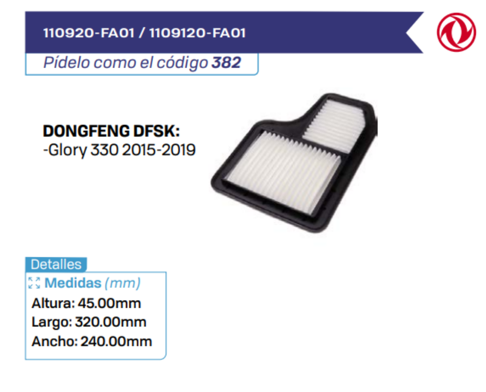 110920-FA01 _ 1109120-FA01 Filtros de Aire DONGFENG DFSK
