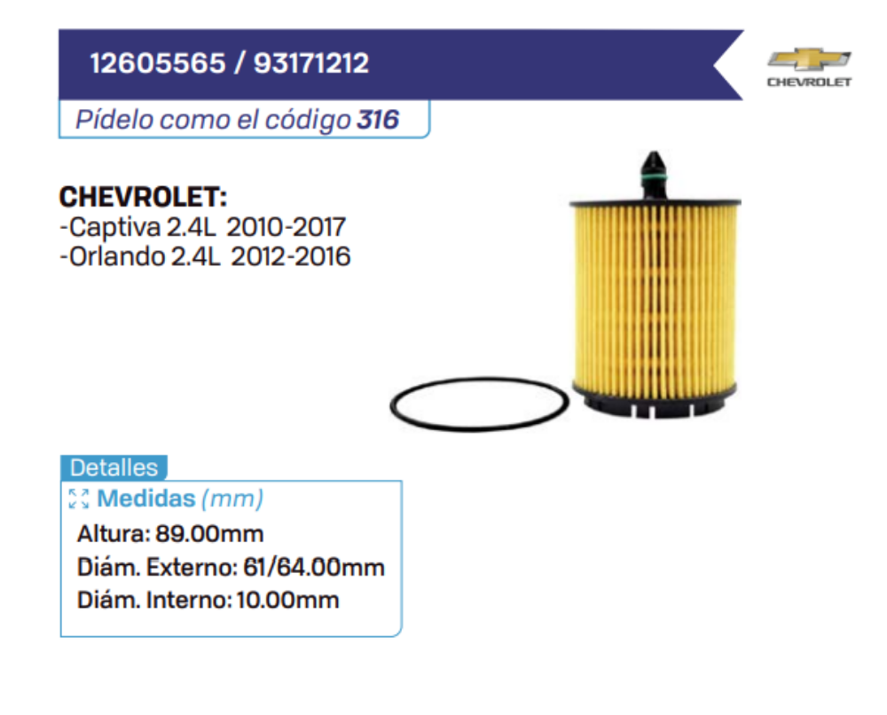 12605565 _ 93171212 Filtros de aceite CHEVROLET