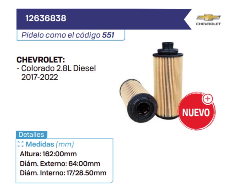 12636838 Filtros de aceite CHEVROLET