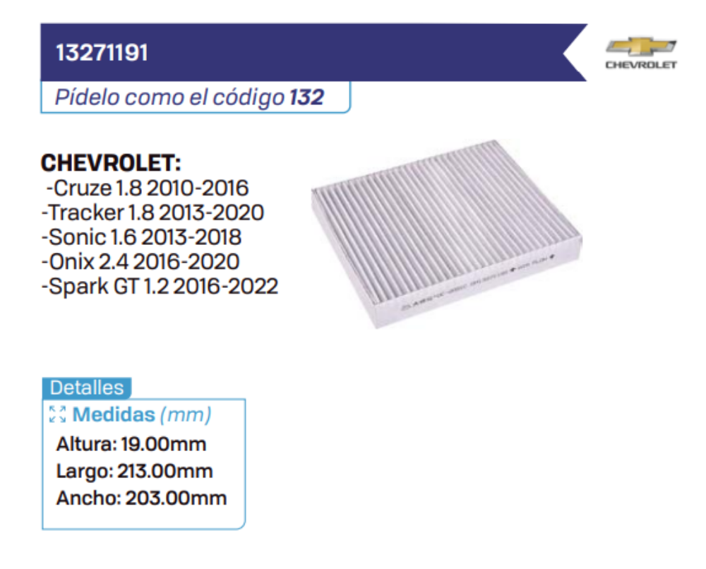 13271191 Filtros de cabina CHEVROLET