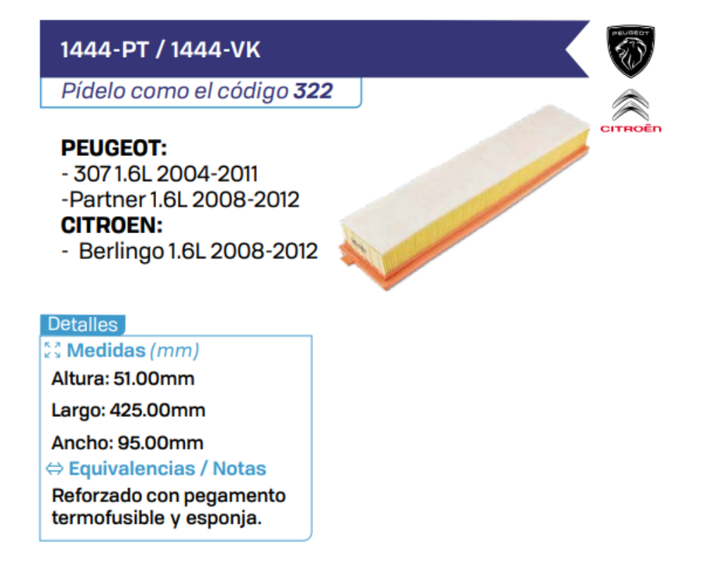 1444-PT _ 1444-VK Filtros de Aire PEUGEOT - CITROEN
