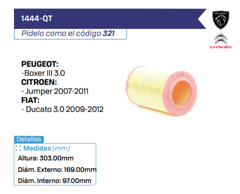 1444-QT Filtros de Aire PEUGEOT - CITROEN - FIAT